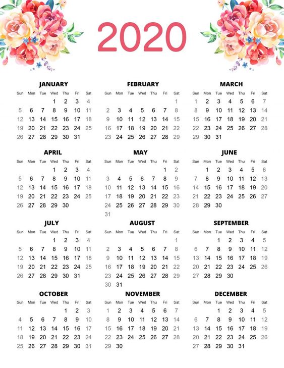 Calendario Anual 2020 Para Imprimir Bonito