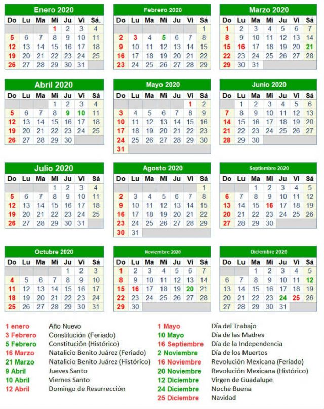 Calendario Para Imprimir 2020 Mexico