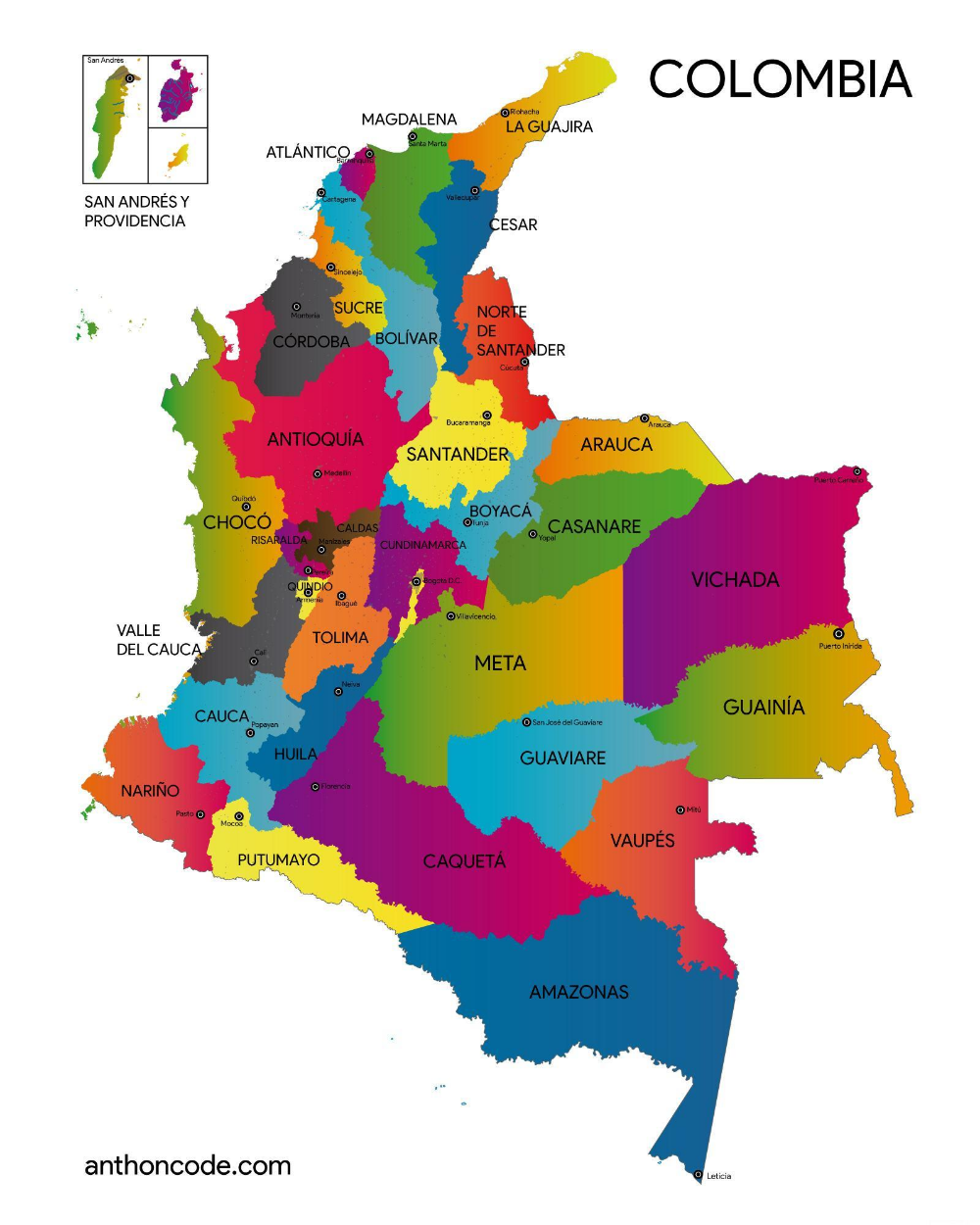 Mapas de COLOMBIA con nombres, departamentos, capitales, carreteras